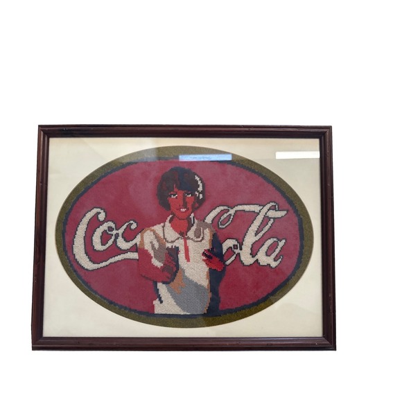 Vintage Coca Cola Needlepoint Art Framed Mid Century 1950s 1970s Wall Decor - Picture 3 of 5